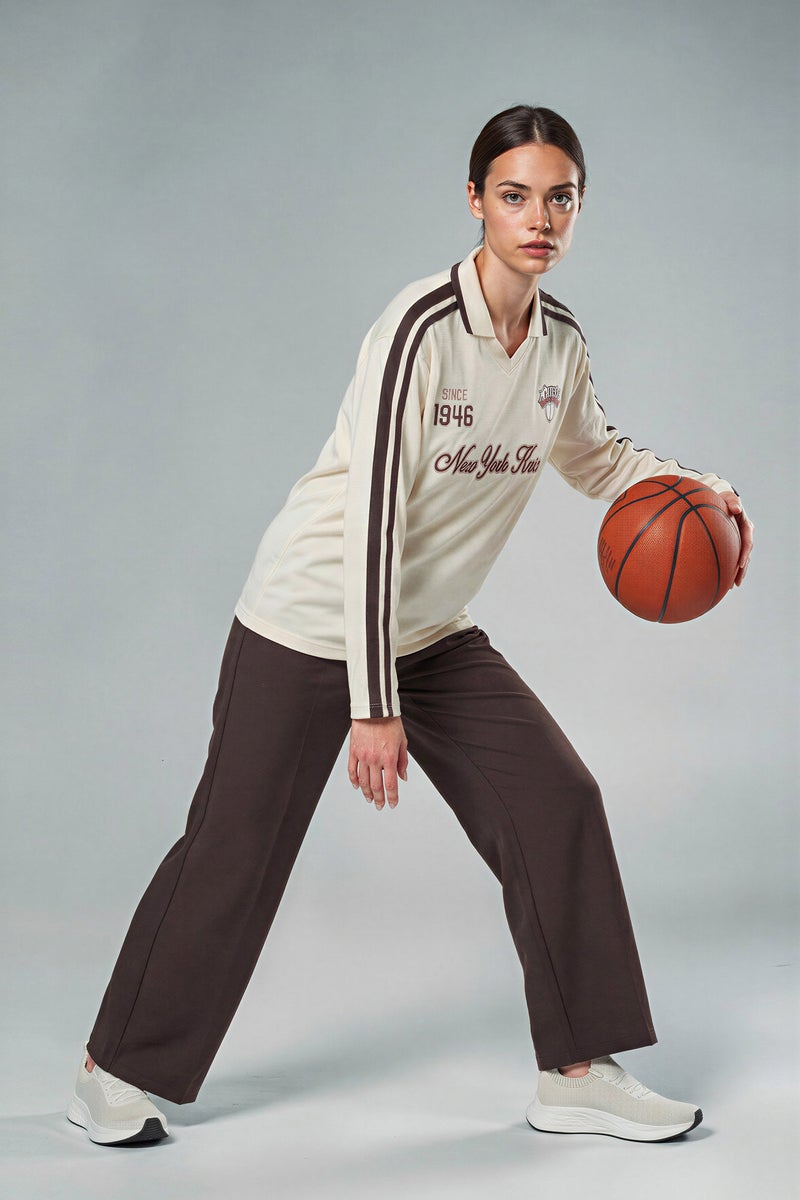 DeFacto Beige Woman NBA New York Knicks Oversize Tulle Long Sleeve Polo T-shirt Casual - Image 2